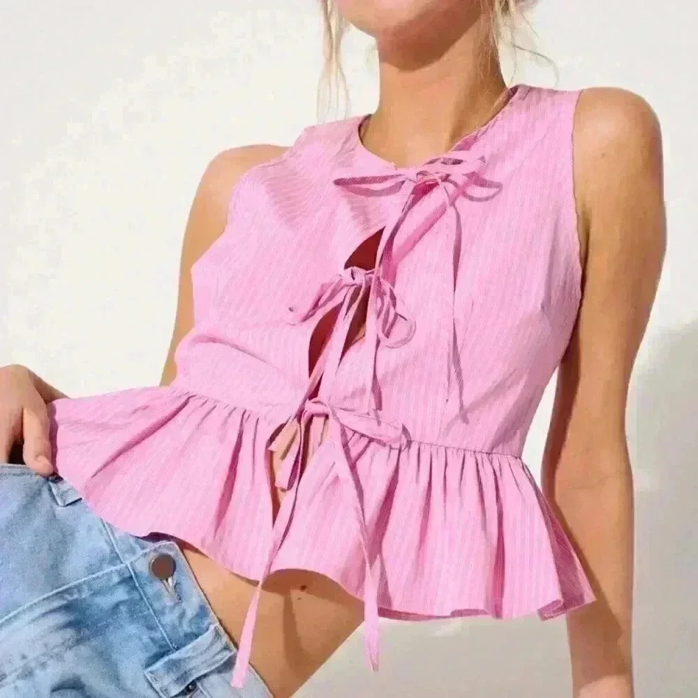 Pink Cute Women's Westfade Striped Tie Summer Front Bow Top - Picture 3 of 6